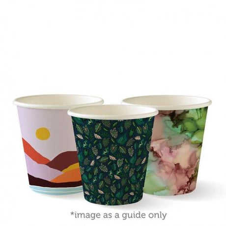 230ml (6oz) cup (fits small lids) - art series from BioPak. Compostable, made out of Paper and Bioplastic and sold in boxes of 1. Hospitality quality at wholesale price with The Flying Fork!