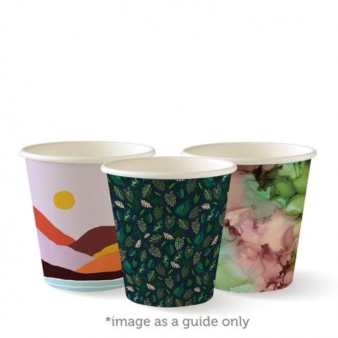 230ml (6oz) cup (fits small lids) - art series from BioPak. Compostable, made out of Paper and Bioplastic and sold in boxes of 1. Hospitality quality at wholesale price with The Flying Fork!