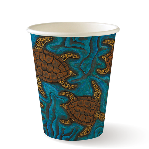 280ml (8oz) cup (fits small lids) - indigenous series from BioPak. Compostable, made out of Paper and Bioplastic and sold in boxes of 1. Hospitality quality at wholesale price with The Flying Fork!