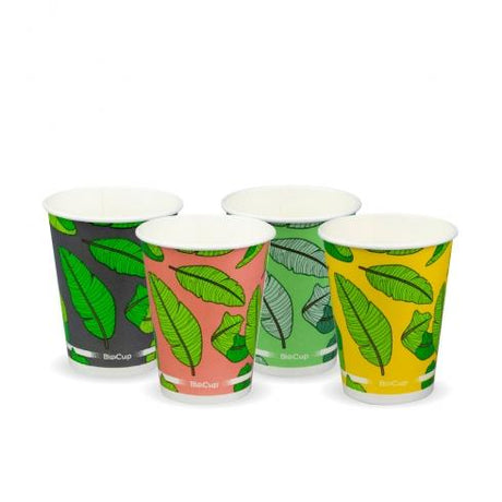 12oz BioCup��Cold��Cup - mixed colour leaf designs from BioPak. Compostable, made out of Paper and Bioplastic and sold in boxes of 1. Hospitality quality at wholesale price with The Flying Fork!