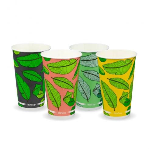 16oz BioCup��Cold��Cup - mixed colour leaf designs from BioPak. Compostable, made out of Paper and Bioplastic and sold in boxes of 1. Hospitality quality at wholesale price with The Flying Fork!