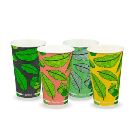 16oz BioCup��Cold��Cup - mixed colour leaf designs from BioPak. Compostable, made out of Paper and Bioplastic and sold in boxes of 1. Hospitality quality at wholesale price with The Flying Fork!
