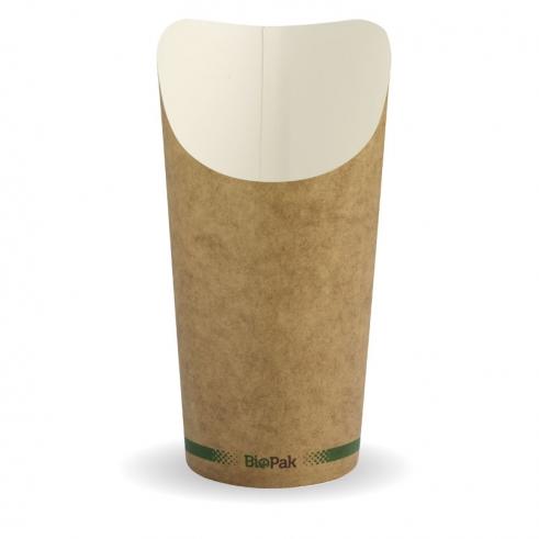 Large chip cup - FSC Mix - printed kraft-look from BioPak. Compostable, made out of Sugarcane Pulp and sold in boxes of 1. Hospitality quality at wholesale price with The Flying Fork!