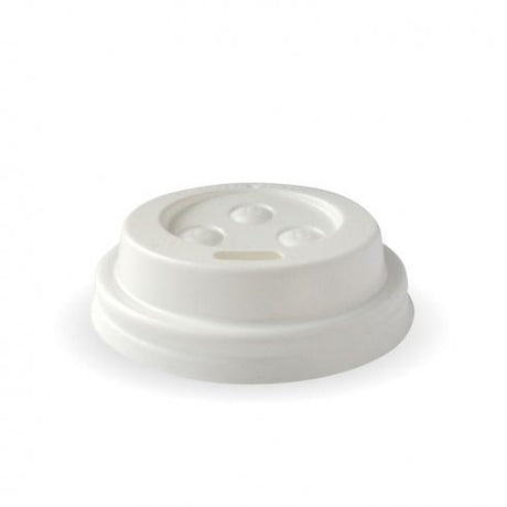 63mm PS sipper lid - fits 63mm cups - white from BioPak. Compostable, made out of Bioplastic and sold in boxes of 1. Hospitality quality at wholesale price with The Flying Fork!
