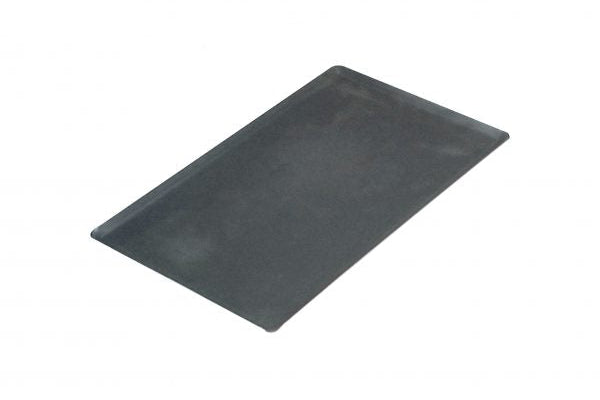 Rectangular blue steel baking sheet on white background