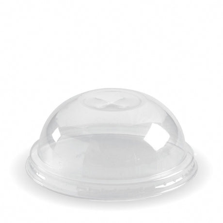 150-280ml cup dome lid with x-slot - clear from BioPak. Compostable, made out of Bioplastic and sold in boxes of 1. Hospitality quality at wholesale price with The Flying Fork!