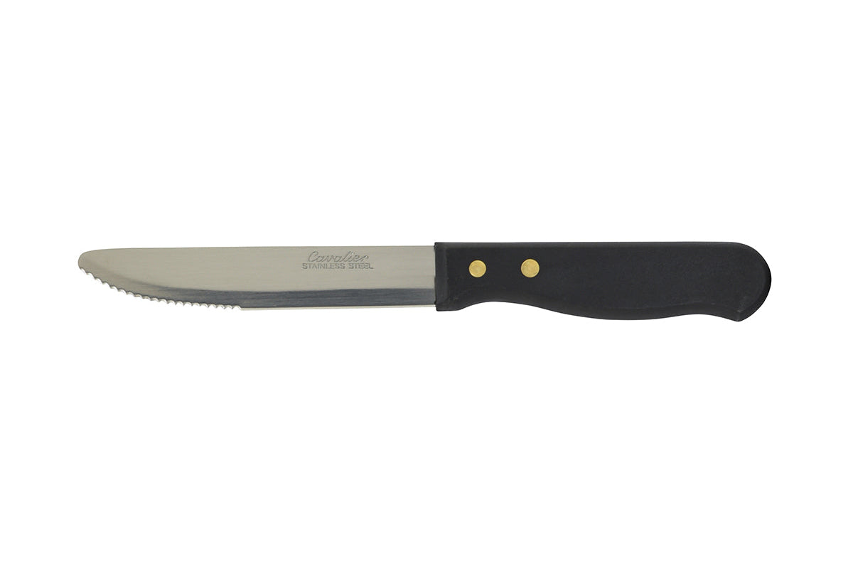 Steak knife with black handle on white background