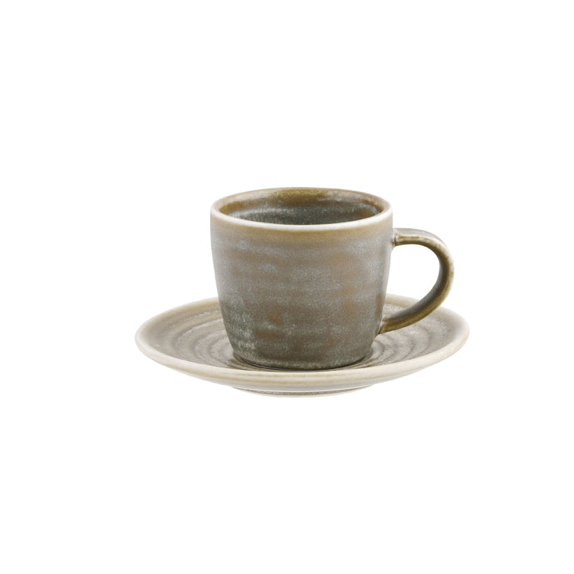 Grey scale espresso cup and saucer on white background