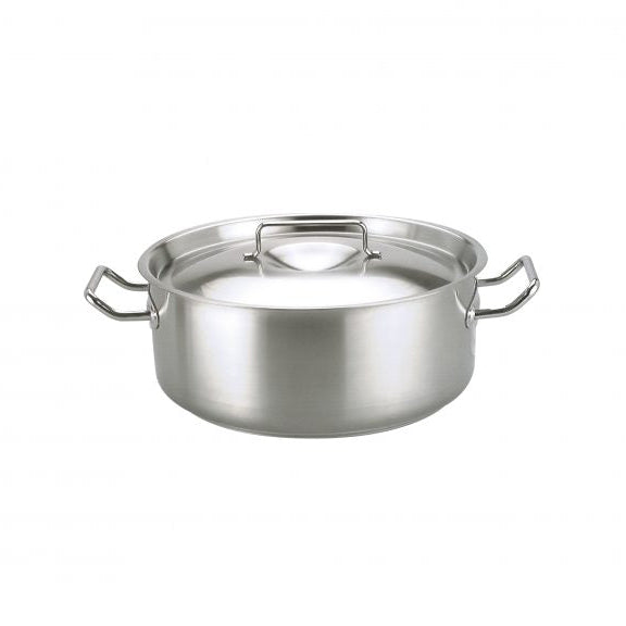 Large stainless steel casserole dish with lid on white background