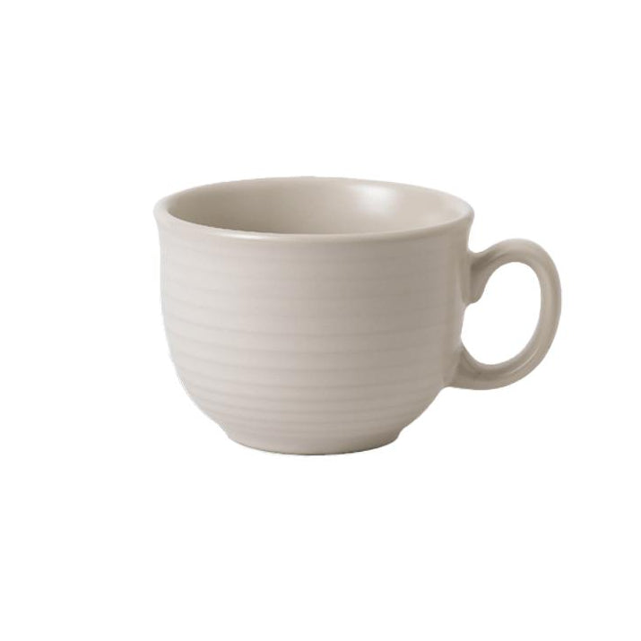 A white ceramic cafe au lait cup with a handle on the right side.