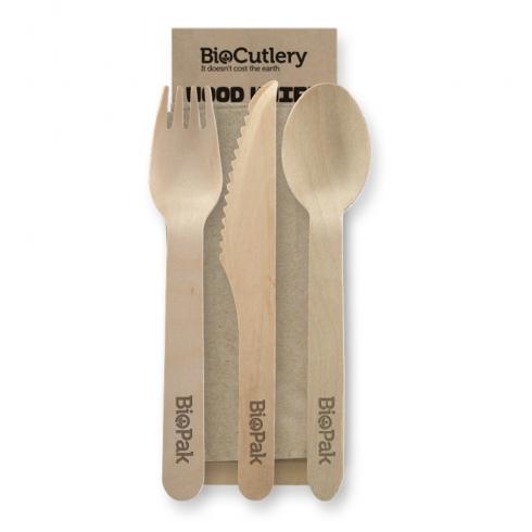 16cm knife, fork, spoon and napkin set - FSC 100% - wood from BioPak. Compostable, made out of FSC Pulp and sold in boxes of 1. Hospitality quality at wholesale price with The Flying Fork!