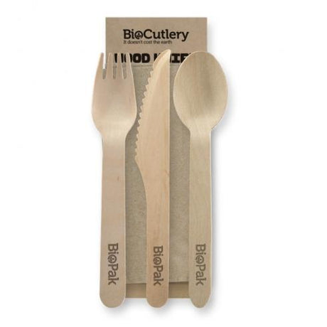 16cm knife, fork, spoon and napkin set - FSC 100% - wood from BioPak. Compostable, made out of FSC Pulp and sold in boxes of 1. Hospitality quality at wholesale price with The Flying Fork!