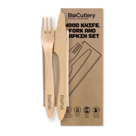 19cm coated knife, fork and napkin set - FSC 100% - wood from BioPak. Compostable, made out of FSC Pulp and sold in boxes of 1. Hospitality quality at wholesale price with The Flying Fork!
