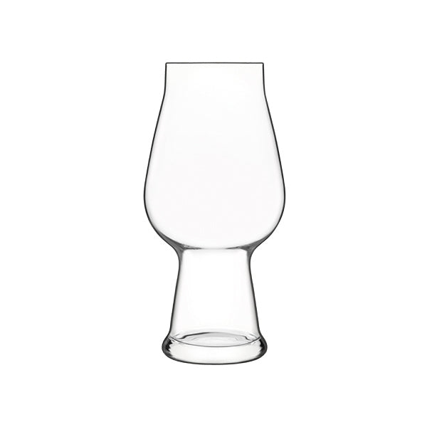 A clear, large tulip style beer glass on a white background