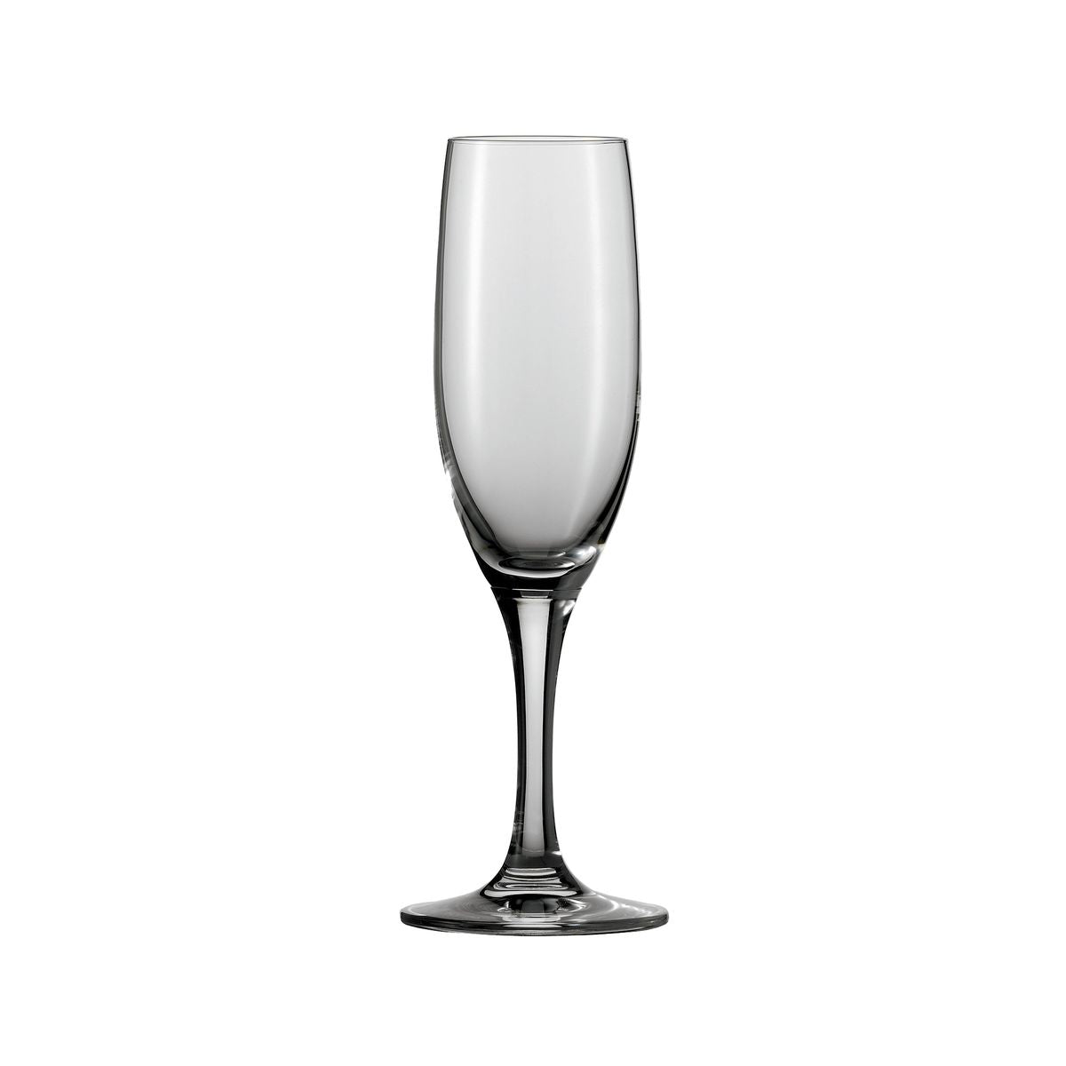 Clear champagne glass on white background