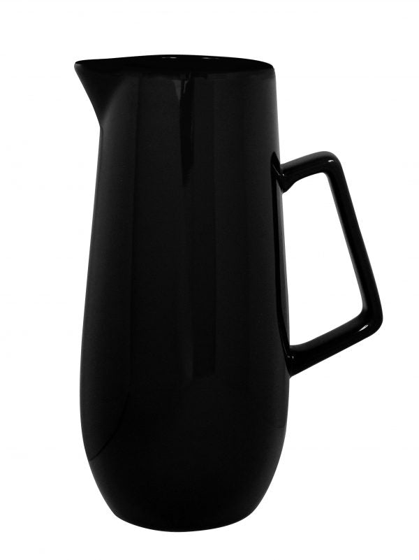 A black solid color water jug with a handle, suitable for serving beverages.