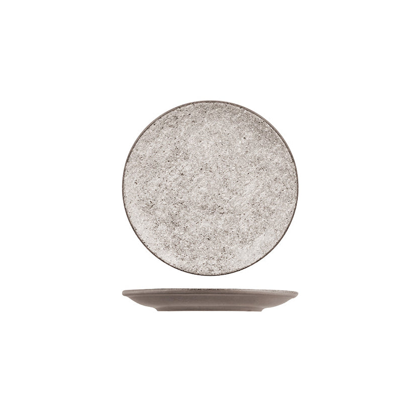 Grey speckled round coupe plate on white background