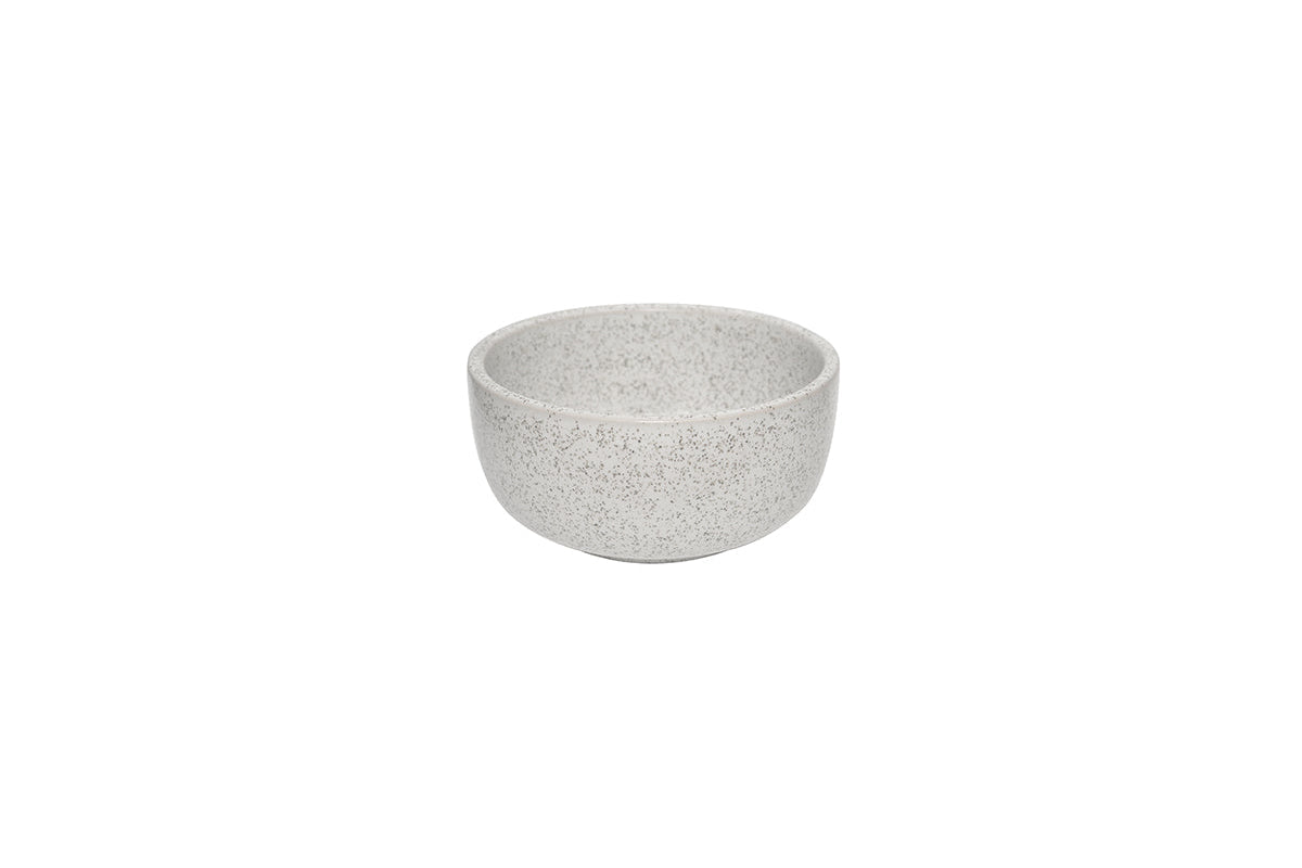 Small round bowl in a grey clay colouring on a white bakckground