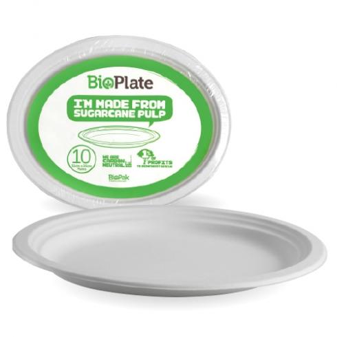 31cm oval plates - 10pk, White from BioPak. Compostable, made out of Sugarcane Pulp and sold in boxes of 1. Hospitality quality at wholesale price with The Flying Fork!