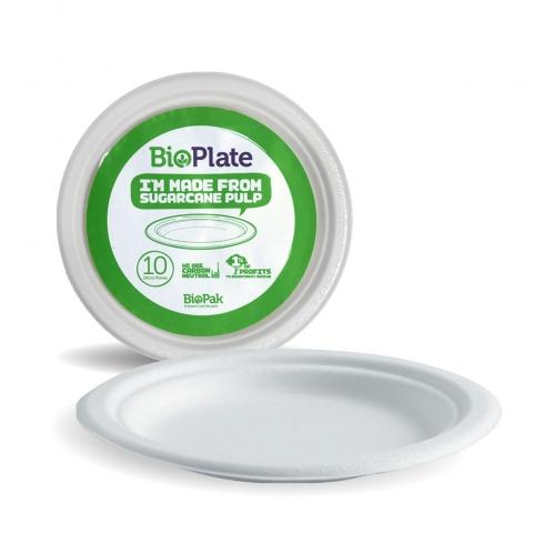 18cm plates - 10pk, White from BioPak. Compostable, made out of Sugarcane Pulp and sold in boxes of 1. Hospitality quality at wholesale price with The Flying Fork!