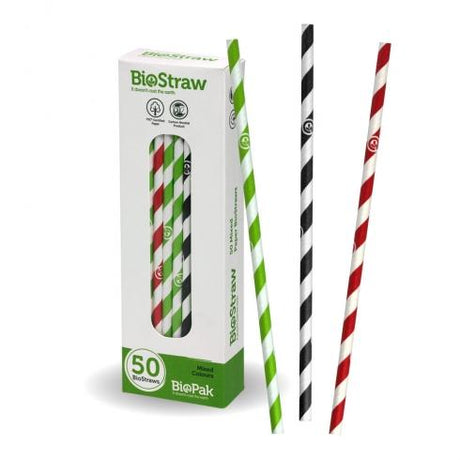 Mixed regular straws - 50pk, Mixed from BioPak. Compostable, made out of FSC�� certified paper and sold in boxes of 1. Hospitality quality at wholesale price with The Flying Fork!