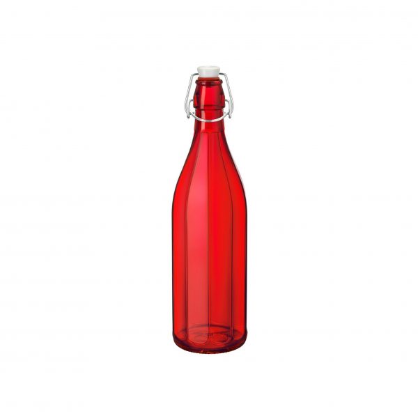 Red one litre water bottle with lid on white background