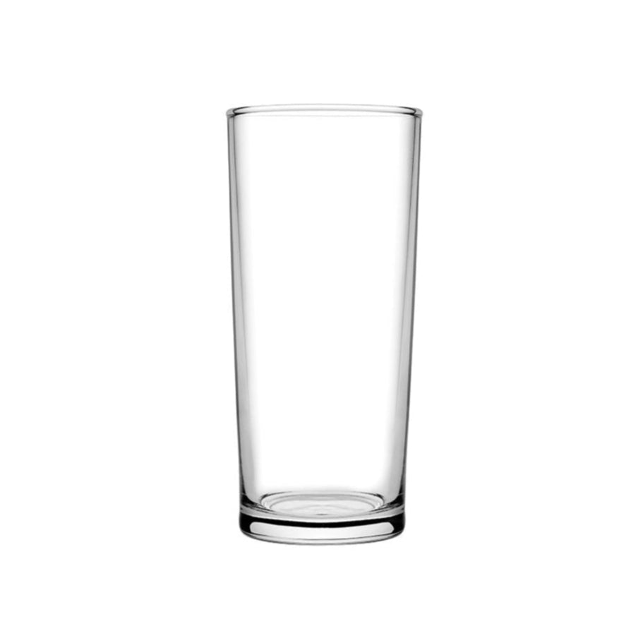 Medium sized capacity, tall clear beer glass presented on a white background