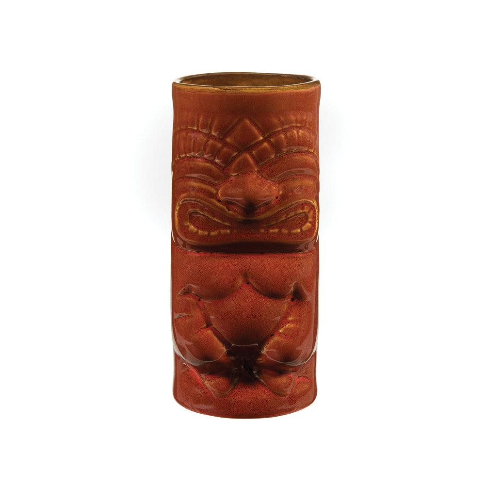 Red tumbler with Tiki design on white background