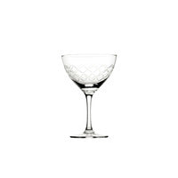 Retro inspired martini glass  from Utopia, laser cut across different line, diamond or more intricate vintage patterns. Sturdy and dishwasher safe, ideal to create a speakeasy or 20 s atmosphere.