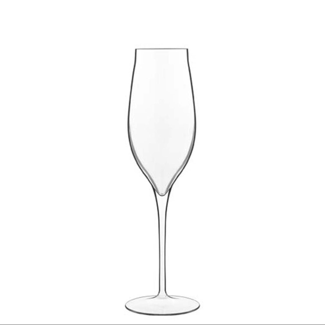 Clear champagne flute on white background