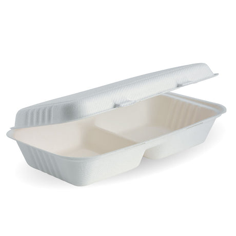 Biocane Clamshell - 2 Equal Compartments, Rectangular, White (Box of 100) from BioPak. Compostable, made out of Sugarcane and sold in boxes of 1. Hospitality quality at wholesale price with The Flying Fork!