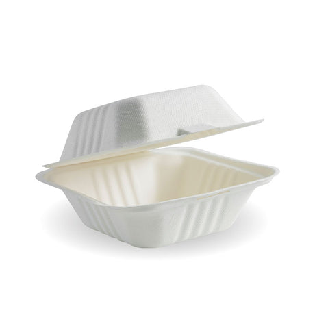 Biocane Clamshell - Square, Small, White (Box of 500) from BioPak. Compostable, made out of Sugarcane and sold in boxes of 1. Hospitality quality at wholesale price with The Flying Fork!