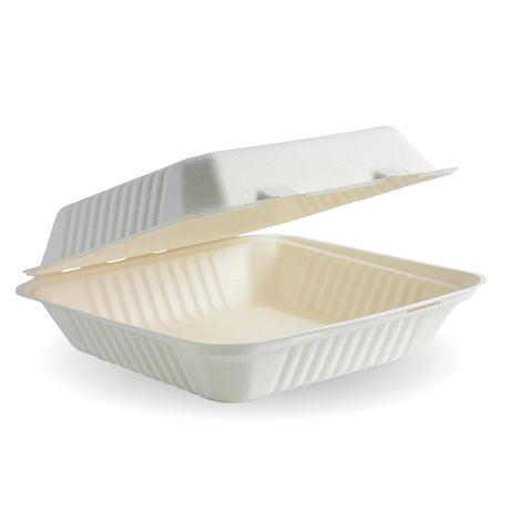 Biocane Clamshell - Square, Large, White (Box of 200) from BioPak. Compostable, made out of Sugarcane and sold in boxes of 1. Hospitality quality at wholesale price with The Flying Fork!