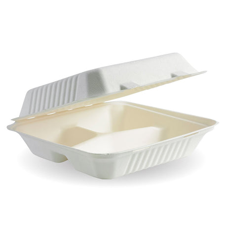 Biocan Clamshell - 3 Compartments, Square, White (Box of 200) from BioPak. Compostable, made out of Sugarcane and sold in boxes of 1. Hospitality quality at wholesale price with The Flying Fork!