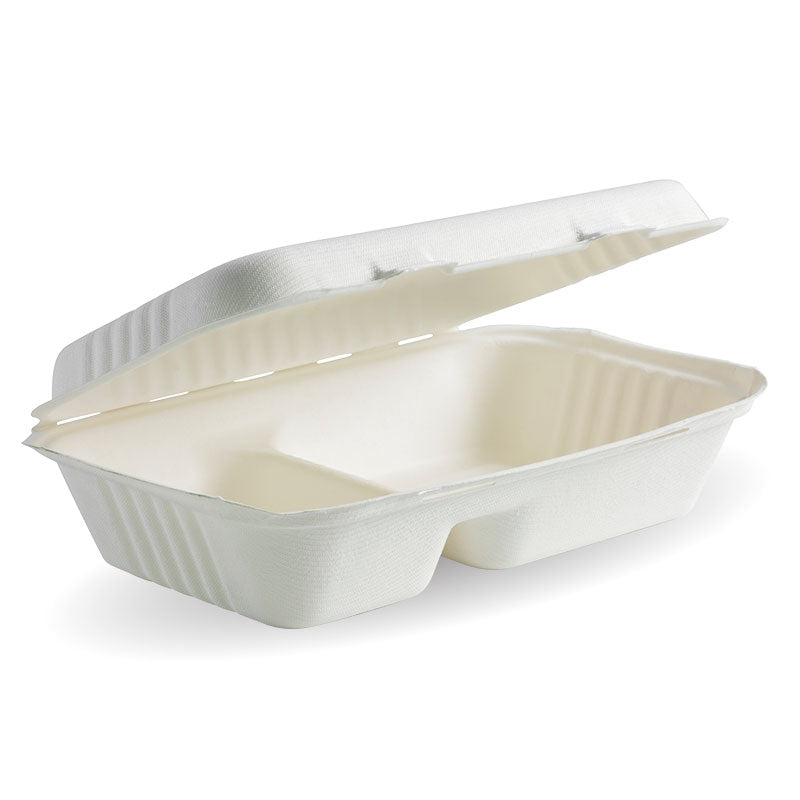 Biocane Clamshell - 2 Compartments, Rectangular, White (Box of 250) from BioPak. Compostable, made out of Sugarcane and sold in boxes of 1. Hospitality quality at wholesale price with The Flying Fork!