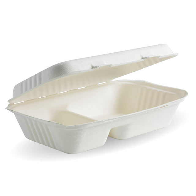 Biocane Clamshell - 2 Compartments, Rectangular, White (Box of 250) from BioPak. Compostable, made out of Sugarcane and sold in boxes of 1. Hospitality quality at wholesale price with The Flying Fork!