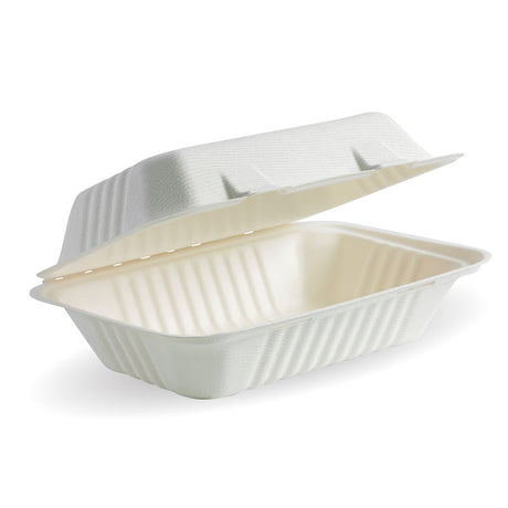 Biocane Clamshell - Rectangle, White (Box of 250) from BioPak. Compostable, made out of Sugarcane and sold in boxes of 1. Hospitality quality at wholesale price with The Flying Fork!