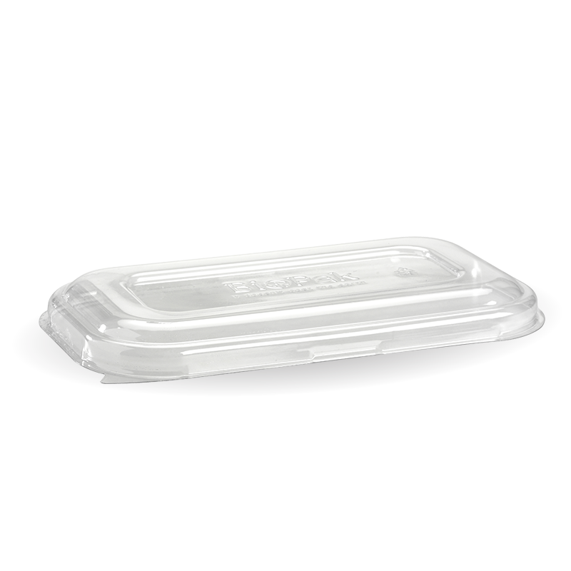 Lid to fit Rectangular Sugarcanne Containers Clear (Box of 500) from BioPak. Compostable, made out of PET Plastic and sold in boxes of 1. Hospitality quality at wholesale price with The Flying Fork!