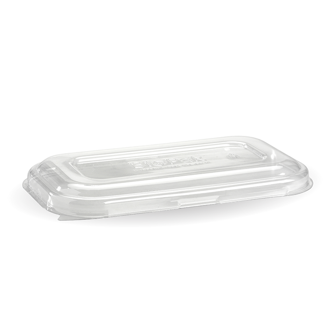 Lid to fit Rectangular Sugarcanne Containers Clear (Box of 500) from BioPak. Compostable, made out of PET Plastic and sold in boxes of 1. Hospitality quality at wholesale price with The Flying Fork!