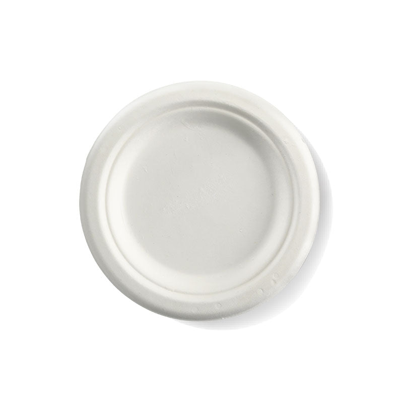 Small Round Sugarcane Plate - White, 6 inches (Box of 1000) from BioPak. Compostable, made out of Sugarcane and sold in boxes of 1. Hospitality quality at wholesale price with The Flying Fork!