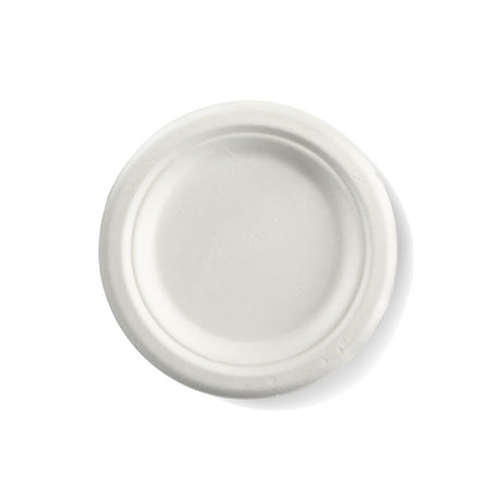 Small Round Sugarcane Plate - White, 6 inches (Box of 1000) from BioPak. Compostable, made out of Sugarcane and sold in boxes of 1. Hospitality quality at wholesale price with The Flying Fork!