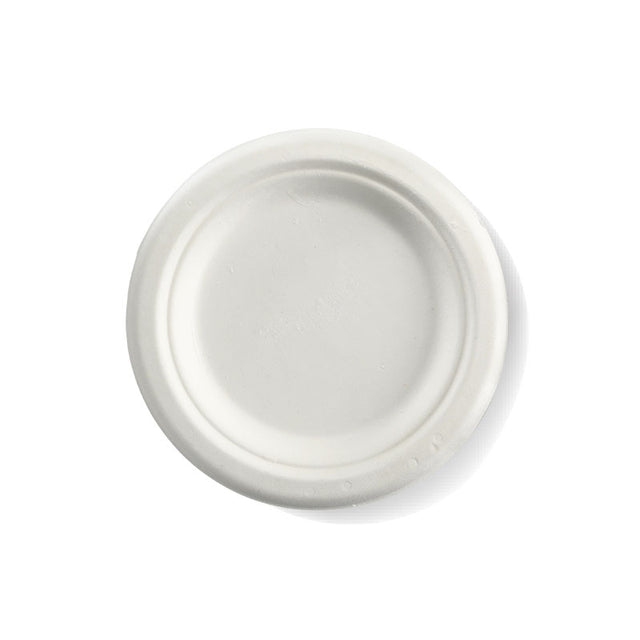 Small Round Sugarcane Plate - White, 6 inches (Box of 1000) from BioPak. Compostable, made out of Sugarcane and sold in boxes of 1. Hospitality quality at wholesale price with The Flying Fork!