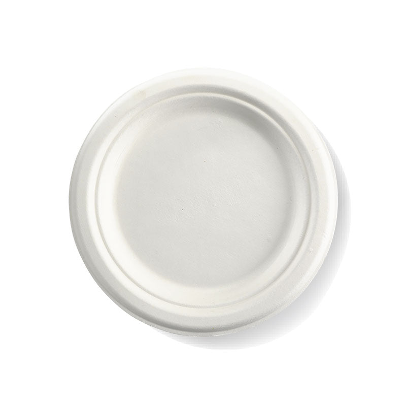 Medium Round Sugarcane Plate - White, 7 inches (Box of 1000) from BioPak. Compostable, made out of Sugarcane and sold in boxes of 1. Hospitality quality at wholesale price with The Flying Fork!