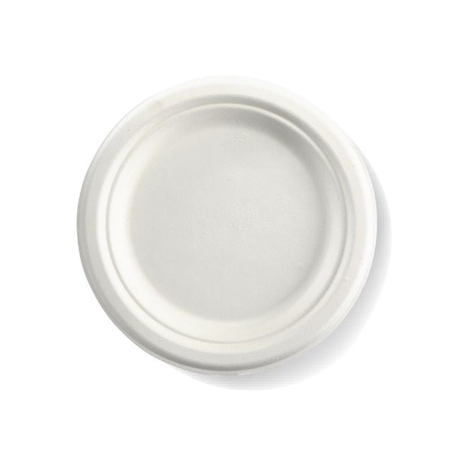Medium Round Sugarcane Plate - White, 7 inches (Box of 1000) from BioPak. Compostable, made out of Sugarcane and sold in boxes of 1. Hospitality quality at wholesale price with The Flying Fork!