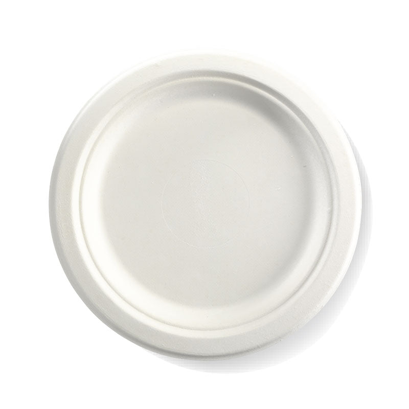 Large Round Sugarcane Plate - White, 9 inches (Box of 500) from BioPak. Compostable, made out of Sugarcane and sold in boxes of 1. Hospitality quality at wholesale price with The Flying Fork!