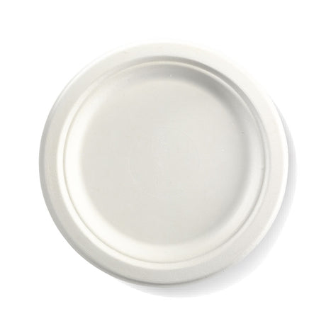 Large Round Sugarcane Plate - White, 9 inches (Box of 500) from BioPak. Compostable, made out of Sugarcane and sold in boxes of 1. Hospitality quality at wholesale price with The Flying Fork!