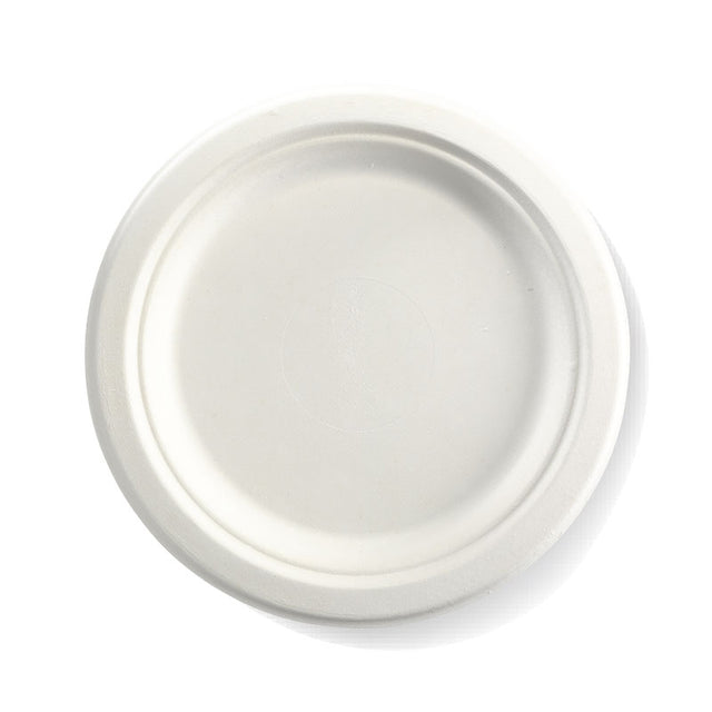 Large Round Sugarcane Plate - White, 9 inches (Box of 500) from BioPak. Compostable, made out of Sugarcane and sold in boxes of 1. Hospitality quality at wholesale price with The Flying Fork!