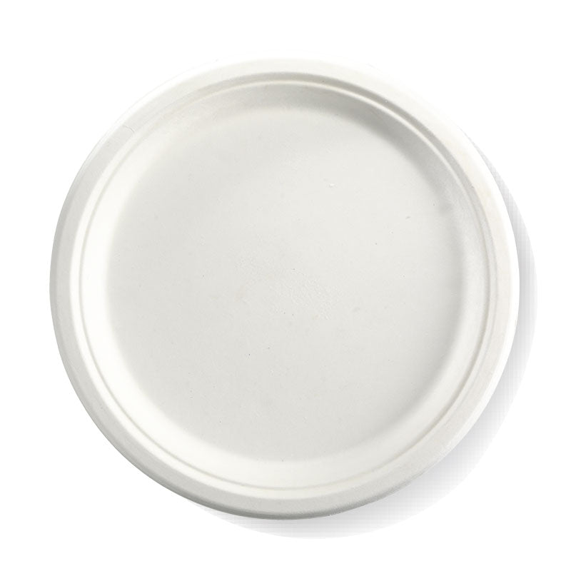 Extra Large Round Sugarcane Plate - White, 10 inches (Box of 500) from BioPak. Compostable, made out of Sugarcane and sold in boxes of 1. Hospitality quality at wholesale price with The Flying Fork!