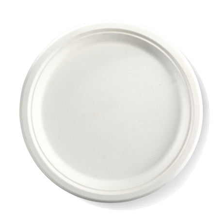 Extra Large Round Sugarcane Plate - White, 10 inches (Box of 500) from BioPak. Compostable, made out of Sugarcane and sold in boxes of 1. Hospitality quality at wholesale price with The Flying Fork!