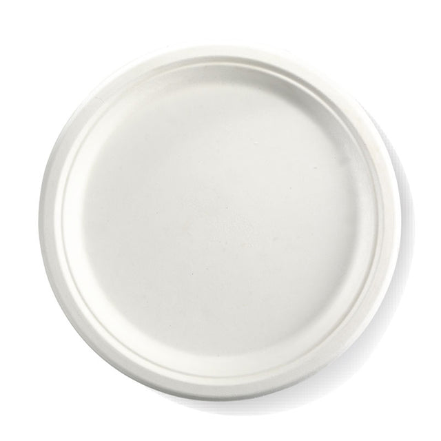 Extra Large Round Sugarcane Plate - White, 10 inches (Box of 500) from BioPak. Compostable, made out of Sugarcane and sold in boxes of 1. Hospitality quality at wholesale price with The Flying Fork!